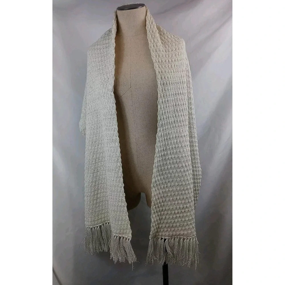 Vintage Fringed Scarf Ivory Cream Color & Silver‎ Sparkles Shawl Women's Wrap